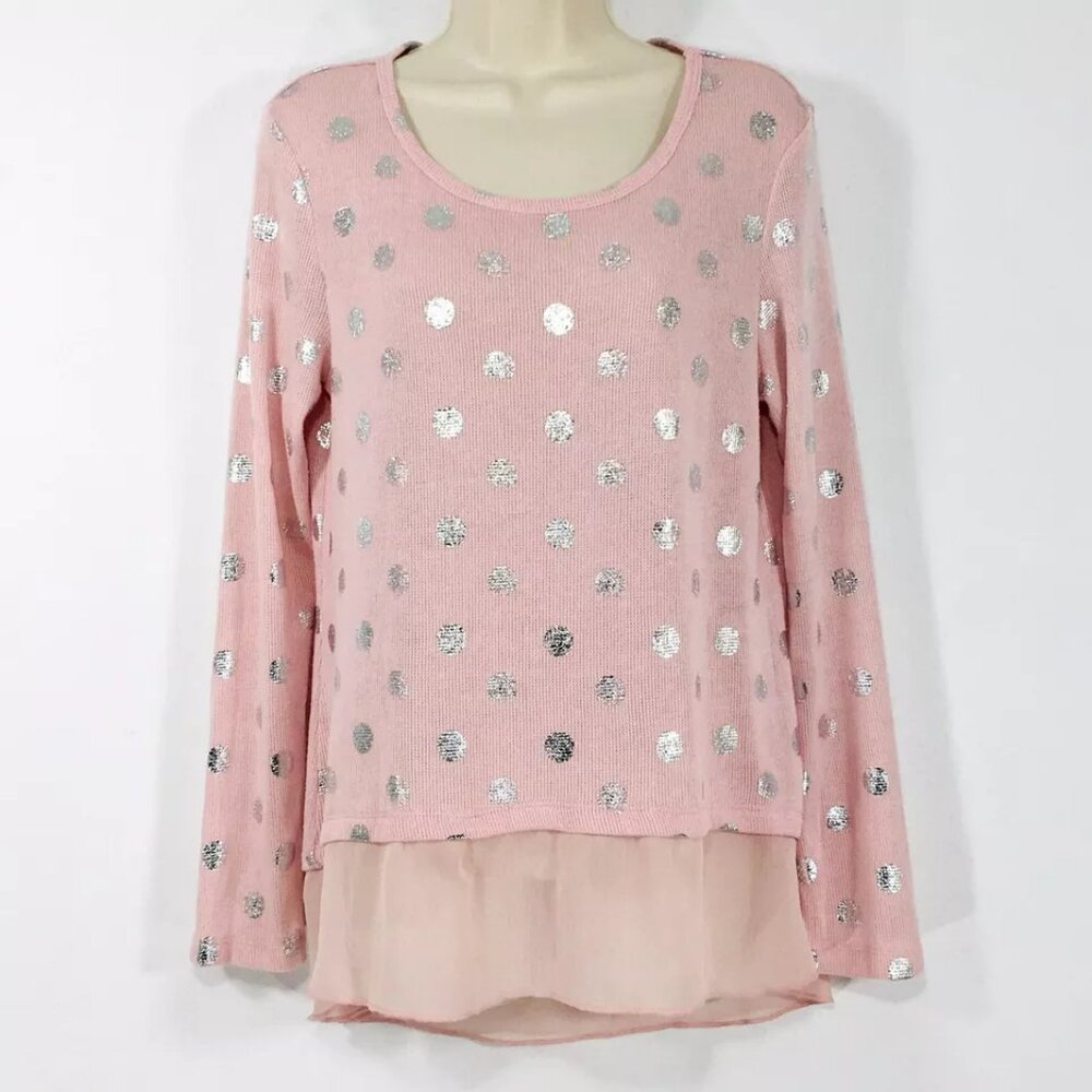 Ransom Women’s Knit Top Tunic Sz M Pink w Silver Dots Chiffon Hem Long Sleeves